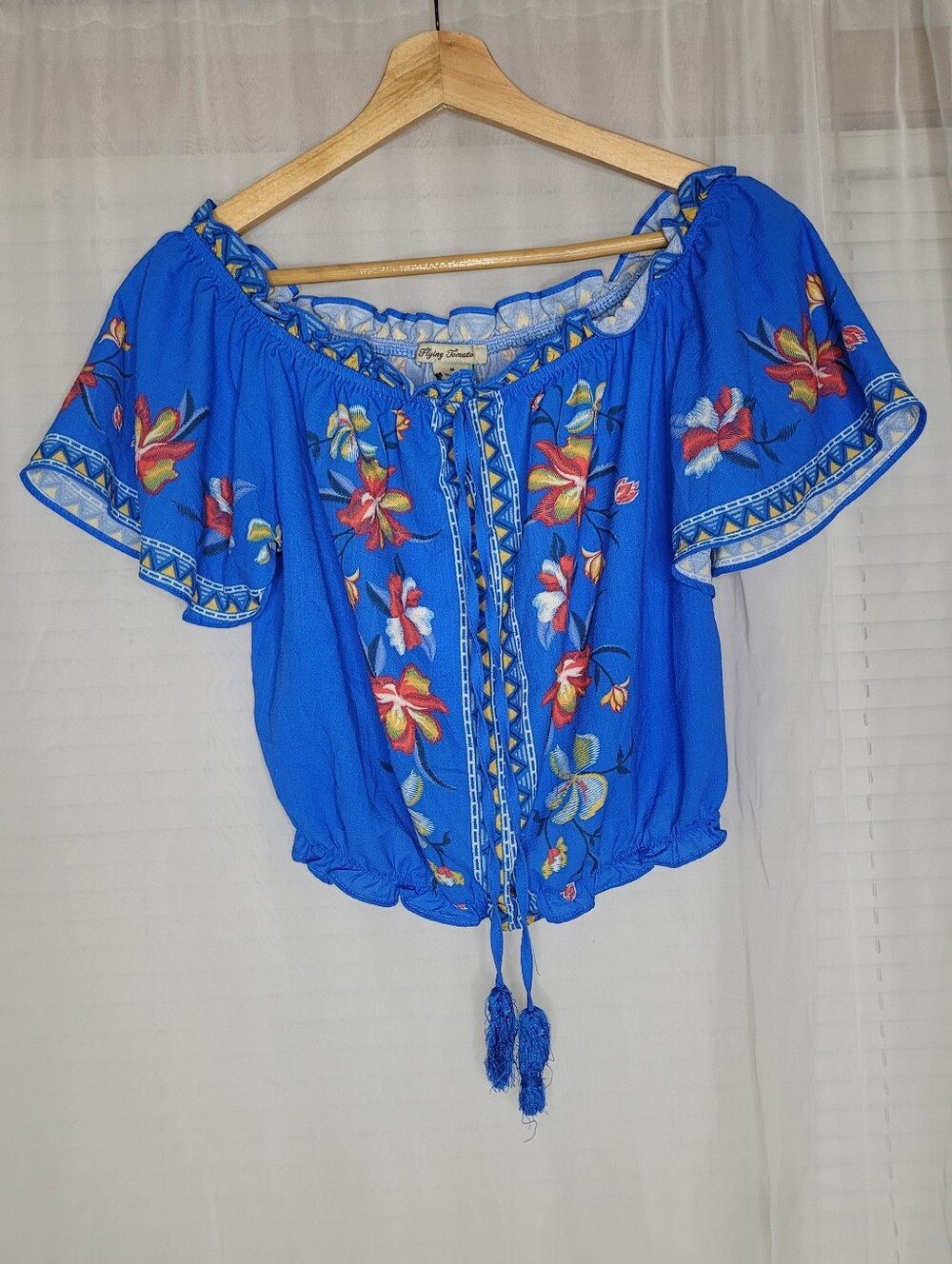 Flying Tomato Cropped Blouse Peasant Off The Shoulder Medium Vibrant Embroidered
